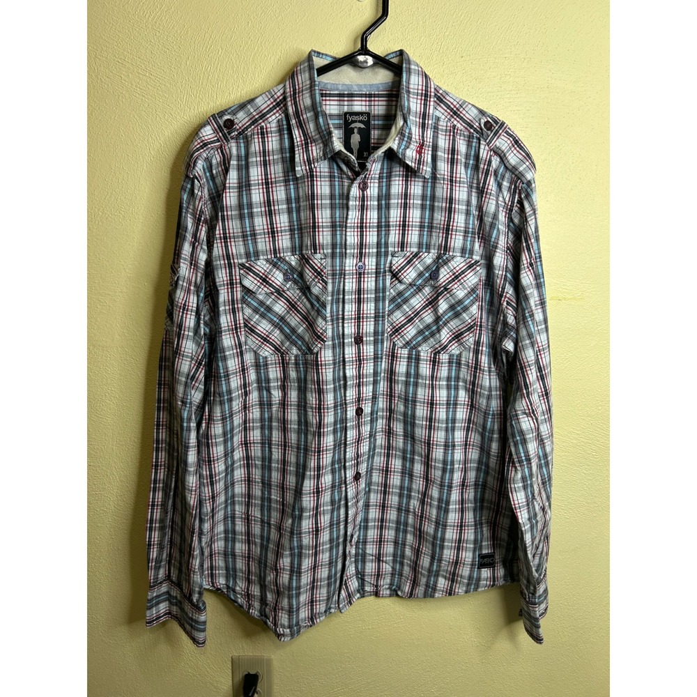Fyasko Mens XL Plaid Button Down Shirt Long‎ Sleeve Cotton Blue Red Grey